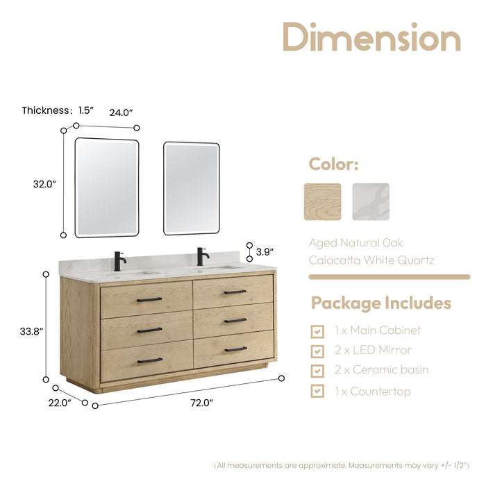 72-Inch Jamboree Solid Oak Double Bathroom Vanity Cabinet Freestanding with Quartz Countertop & LED Mirror