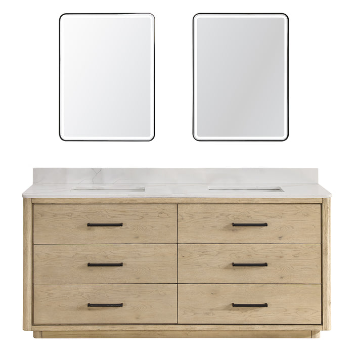 72-Inch Jamboree Solid Oak Double Bathroom Vanity Cabinet Freestanding with Quartz Countertop & LED Mirror