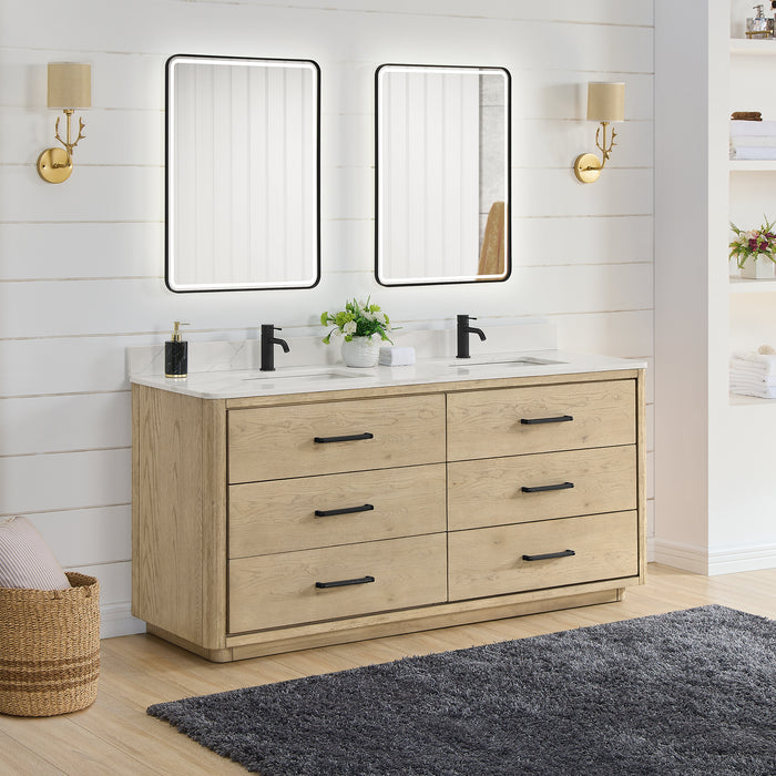 72-Inch Jamboree Solid Oak Double Bathroom Vanity Cabinet Freestanding with Quartz Countertop & LED Mirror