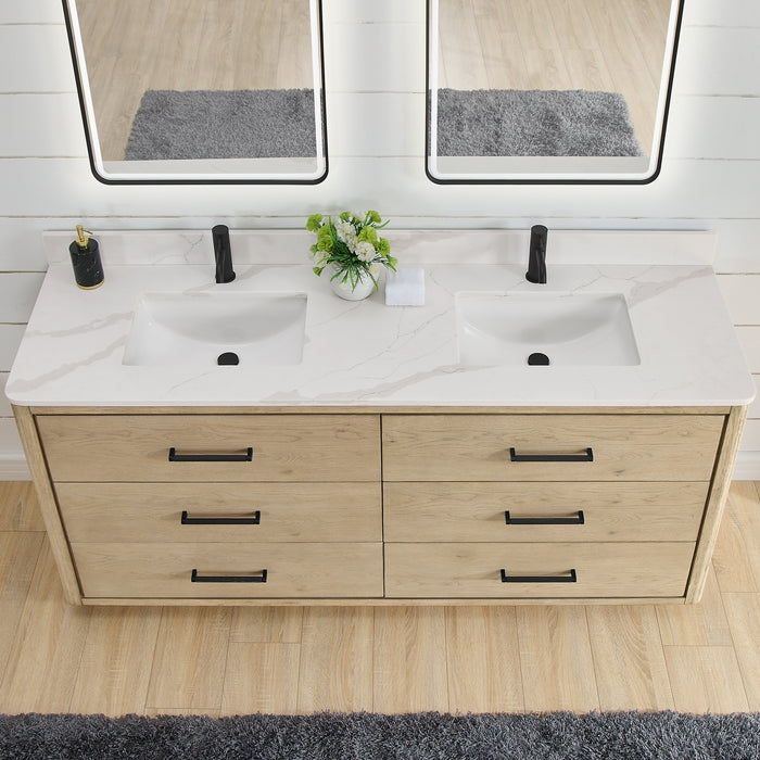 72-Inch Jamboree Solid Oak Double Bathroom Vanity Cabinet Freestanding with Quartz Countertop & LED Mirror