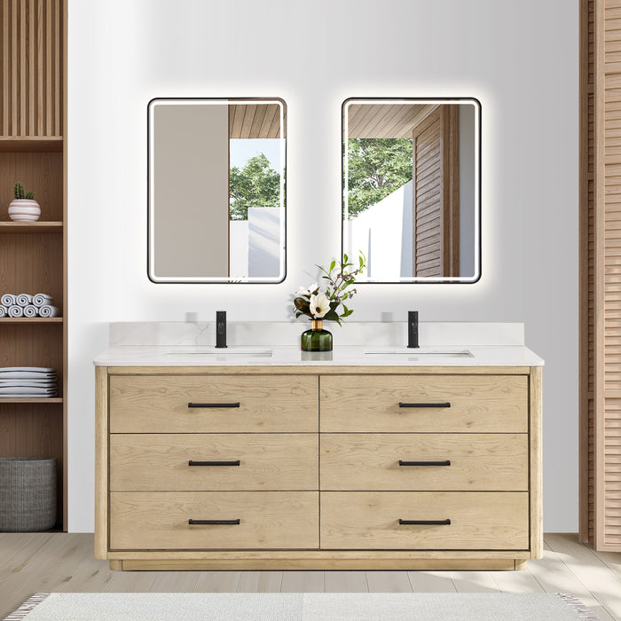 72-Inch Jamboree Solid Oak Double Bathroom Vanity Cabinet Freestanding with Quartz Countertop & LED Mirror
