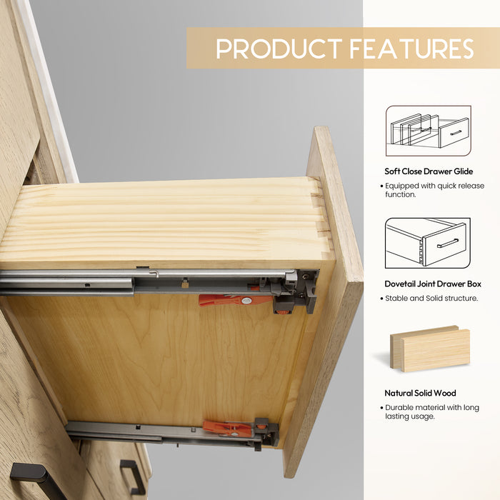 72-Inch Jamboree Solid Oak Double Bathroom Vanity Cabinet Freestanding with Quartz Countertop & LED Mirror