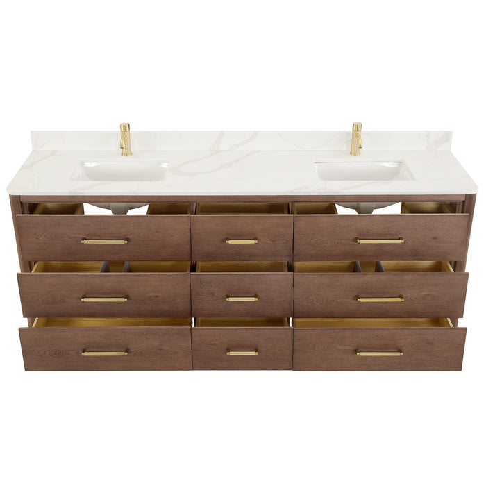 84-Inch Jettison Aged Dark Brown Oak Double Vanity Freestanding White Quartz Stone Top with Mirror