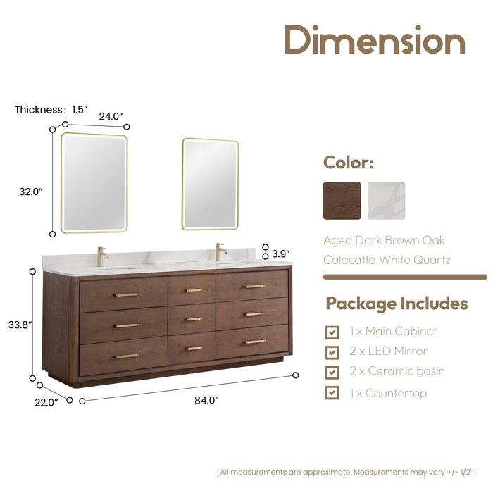 84-Inch Jettison Aged Dark Brown Oak Double Vanity Freestanding White Quartz Stone Top with Mirror