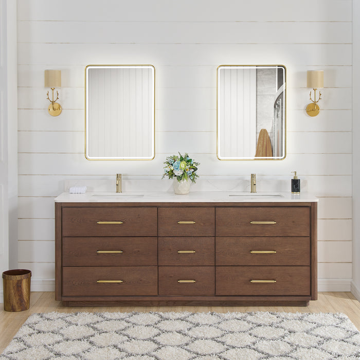 84-Inch Jettison Aged Dark Brown Oak Double Vanity Freestanding White Quartz Stone Top with Mirror