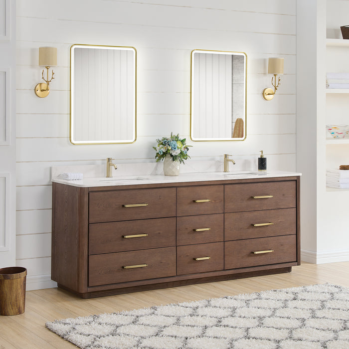 84-Inch Jettison Aged Dark Brown Oak Double Vanity Freestanding White Quartz Stone Top with Mirror