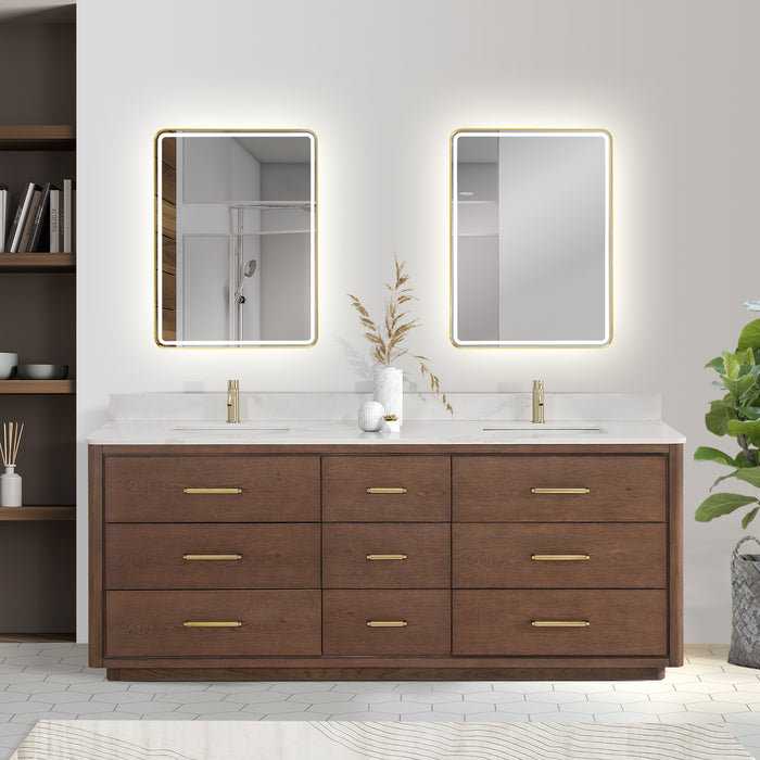 84-Inch Jettison Aged Dark Brown Oak Double Vanity Freestanding White Quartz Stone Top with Mirror