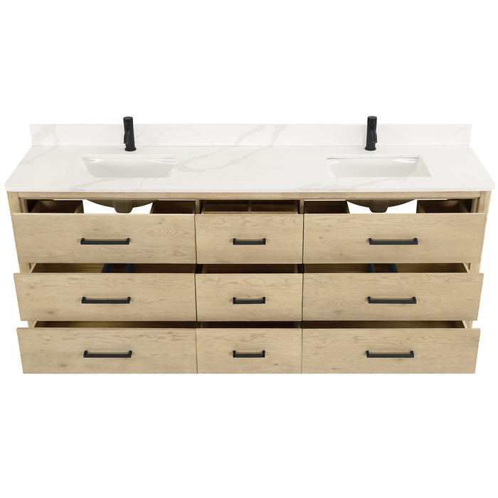84-Inch Juncture Double Sink Vanity - Aged Oak Wood with White Quartz Countertop & Mirror