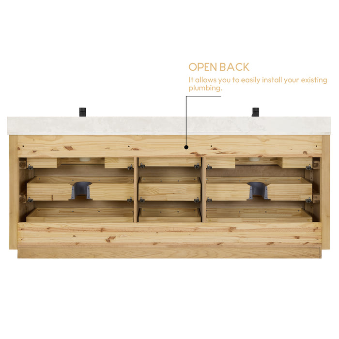 84-Inch Juncture Double Sink Vanity - Aged Oak Wood with White Quartz Countertop & Mirror