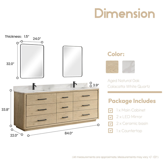 84-Inch Juncture Double Sink Vanity - Aged Oak Wood with White Quartz Countertop & Mirror