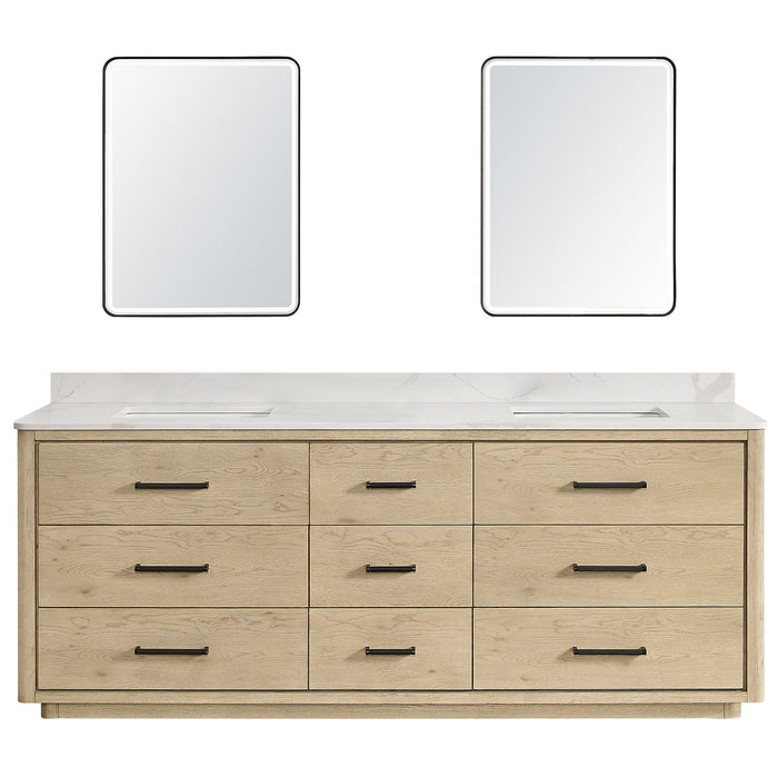 84-Inch Juncture Double Sink Vanity - Aged Oak Wood with White Quartz Countertop & Mirror