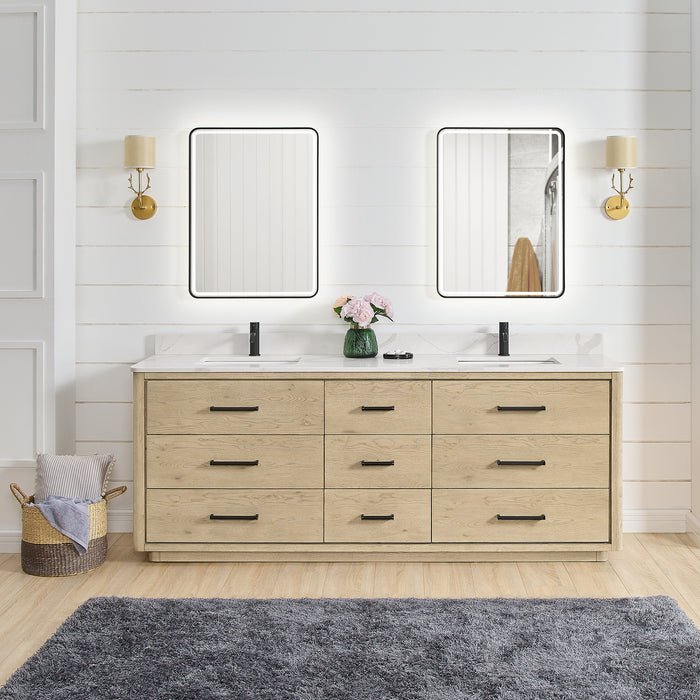 84-Inch Juncture Double Sink Vanity - Aged Oak Wood with White Quartz Countertop & Mirror