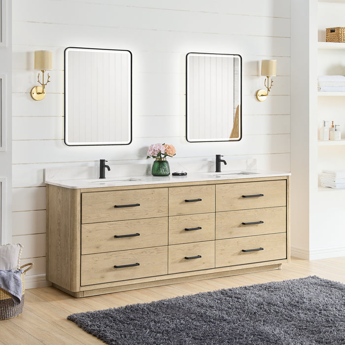 84-Inch Juncture Double Sink Vanity - Aged Oak Wood with White Quartz Countertop & Mirror
