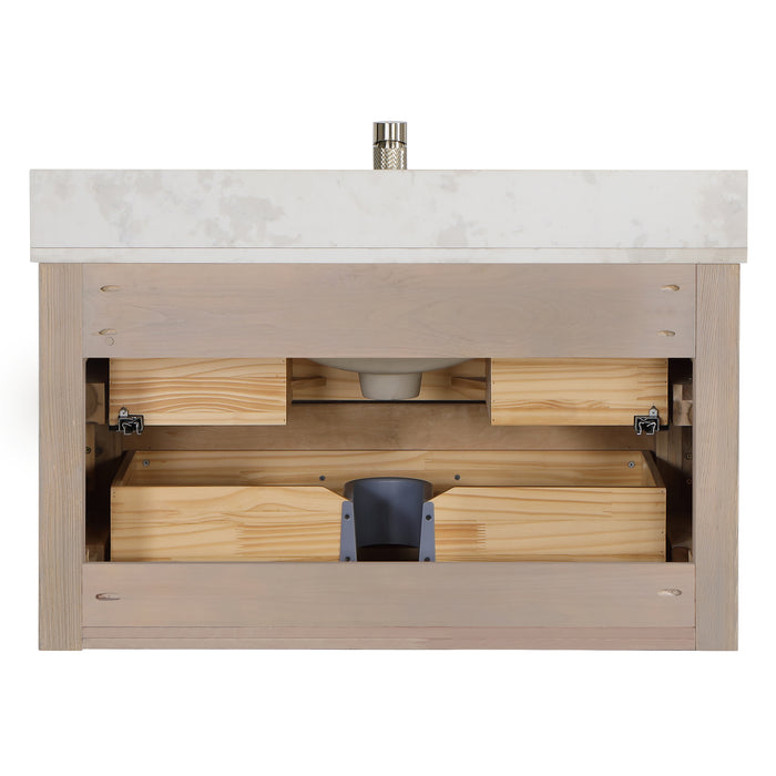 36-Inch Equinox Single Sink Vanity – Wall-Hung Dark Oak with Fish Maw Quartz Top & Mirror Included