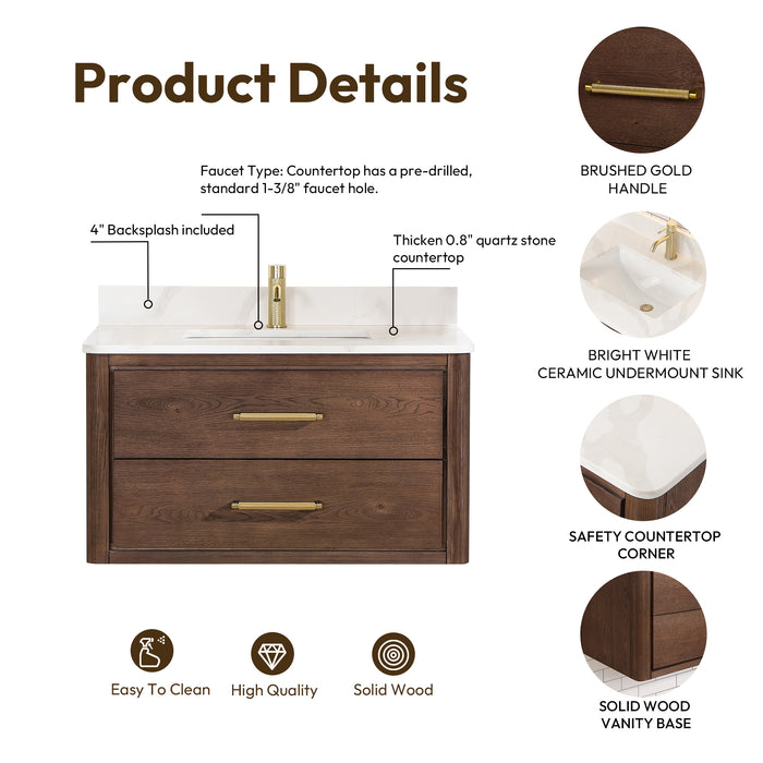 36-Inch Equinox Single Sink Vanity – Wall-Hung Dark Oak with Fish Maw Quartz Top & Mirror Included