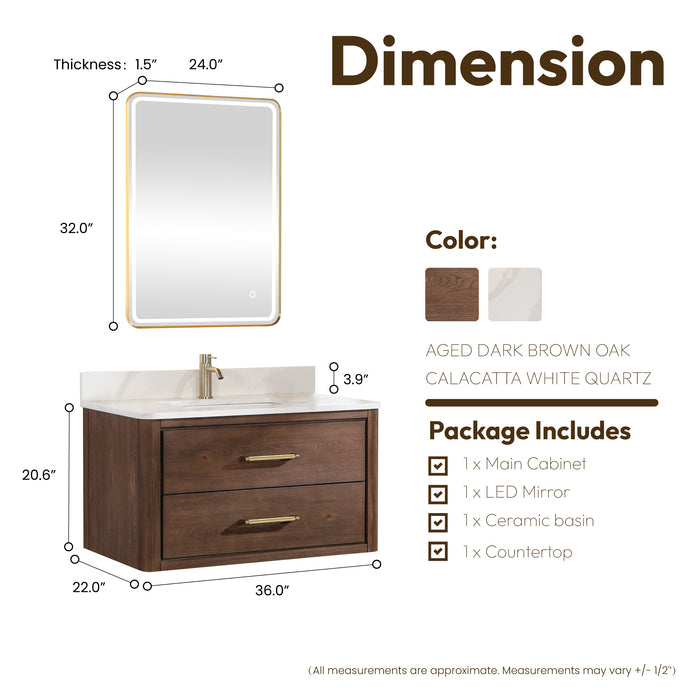 36-Inch Equinox Single Sink Vanity – Wall-Hung Dark Oak with Fish Maw Quartz Top & Mirror Included