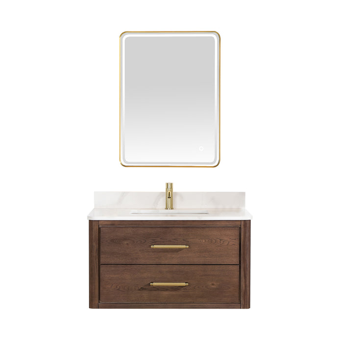 36-Inch Equinox Single Sink Vanity – Wall-Hung Dark Oak with Fish Maw Quartz Top & Mirror Included