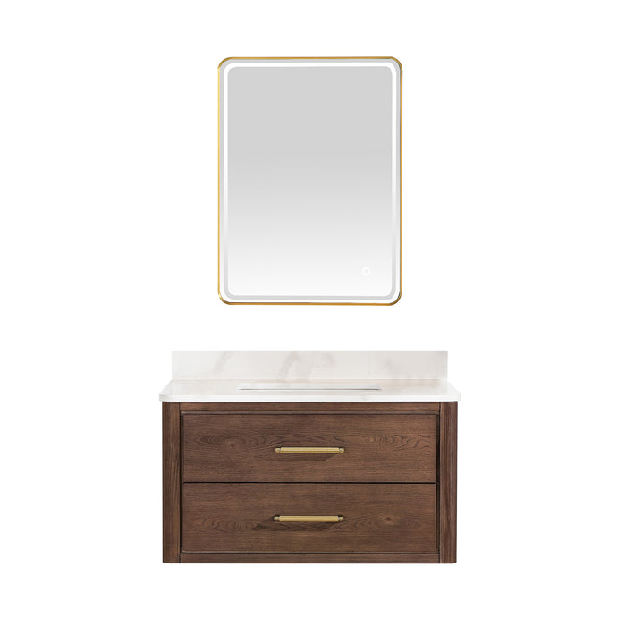 36-Inch Equinox Single Sink Vanity – Wall-Hung Dark Oak with Fish Maw Quartz Top & Mirror Included