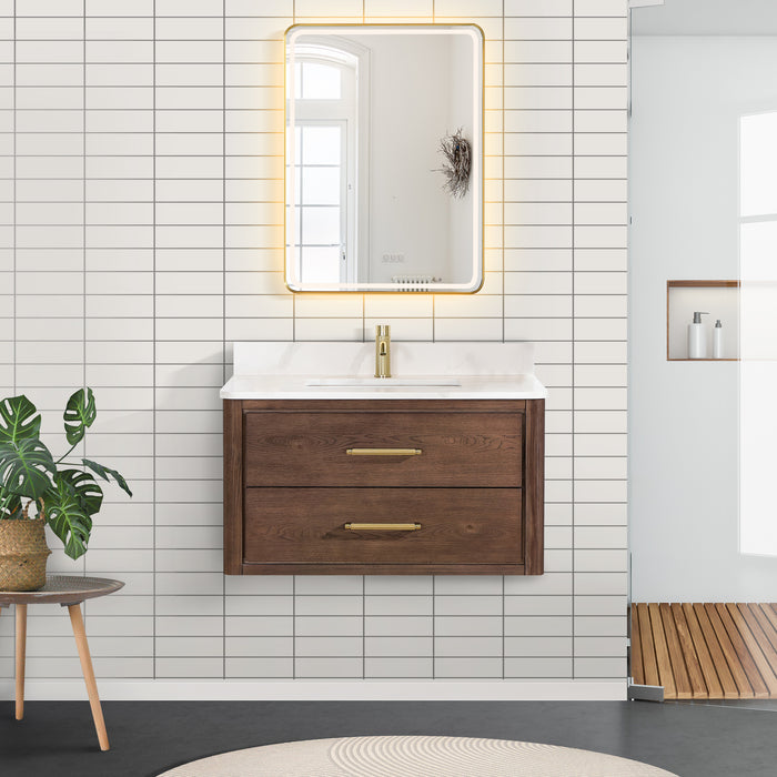 36-Inch Equinox Single Sink Vanity – Wall-Hung Dark Oak with Fish Maw Quartz Top & Mirror Included