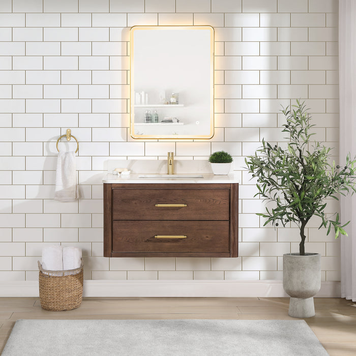 36-Inch Equinox Single Sink Vanity – Wall-Hung Dark Oak with Fish Maw Quartz Top & Mirror Included