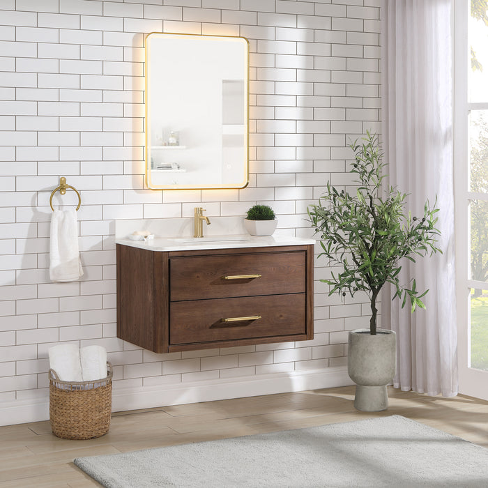 36-Inch Equinox Single Sink Vanity – Wall-Hung Dark Oak with Fish Maw Quartz Top & Mirror Included