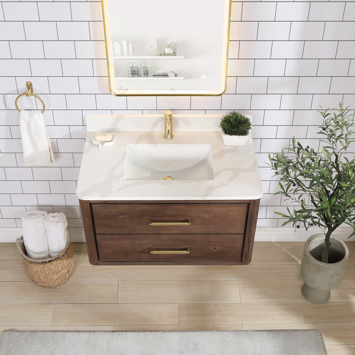 36-Inch Equinox Single Sink Vanity – Wall-Hung Dark Oak with Fish Maw Quartz Top & Mirror Included
