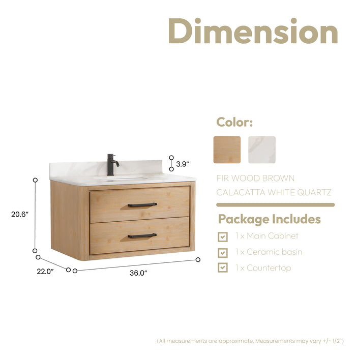 36-Inch Estrella Vanity – Floating Fir Wood Cabinet with White Quartz Countertop & Compact Single Sink