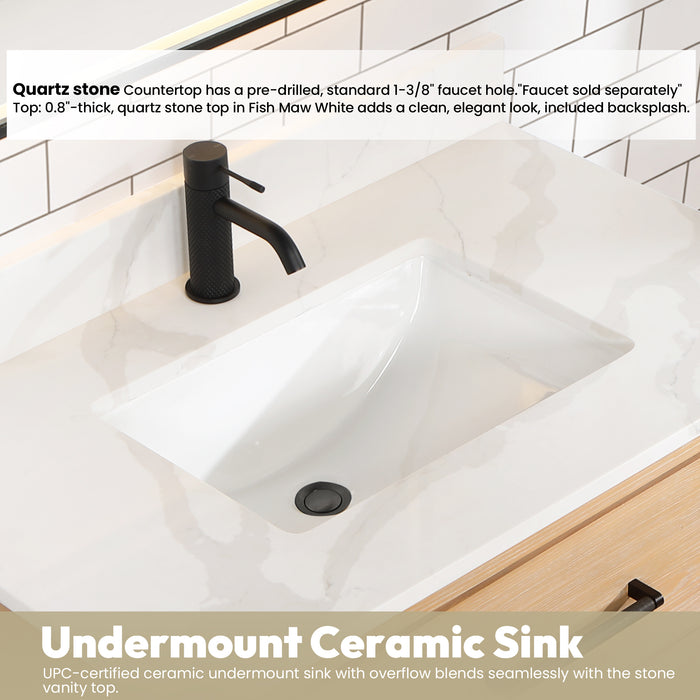 36-Inch Estrella Vanity – Floating Fir Wood Cabinet with White Quartz Countertop & Compact Single Sink