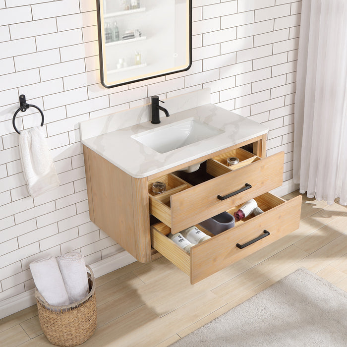 36-Inch Estrella Vanity – Floating Fir Wood Cabinet with White Quartz Countertop & Compact Single Sink