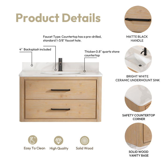 36-Inch Everest Vanity – Wall-Hung Fir Frame with Fish Maw Quartz Countertop & Mirror