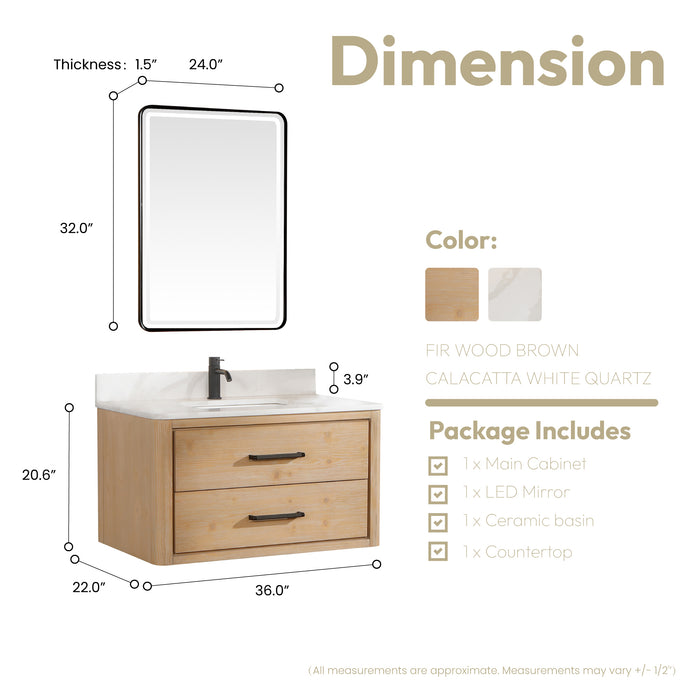 36-Inch Everest Vanity – Wall-Hung Fir Frame with Fish Maw Quartz Countertop & Mirror