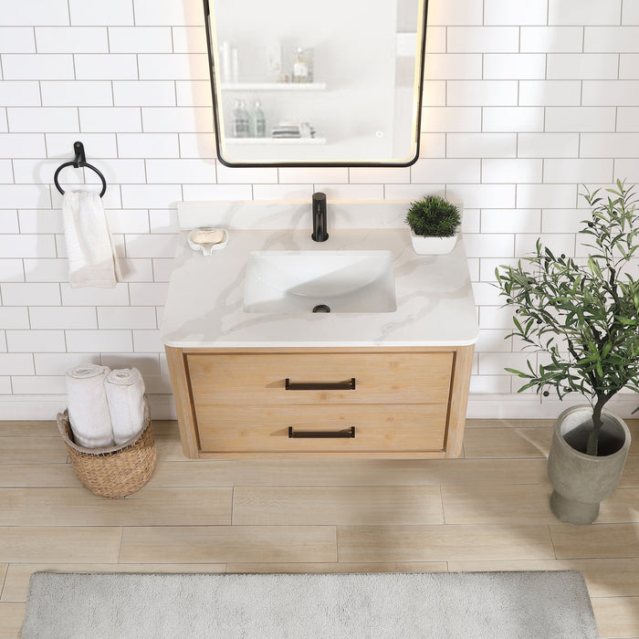 36-Inch Everest Vanity – Wall-Hung Fir Frame with Fish Maw Quartz Countertop & Mirror