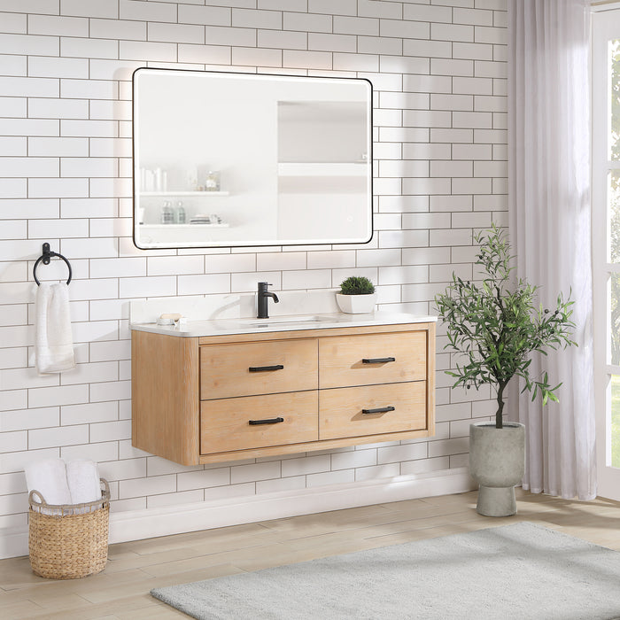 Cristo 48" Floating Single Bath Vanity in Fir Wood Brown with Fish Maw White Quartz Stone Top and Mirror