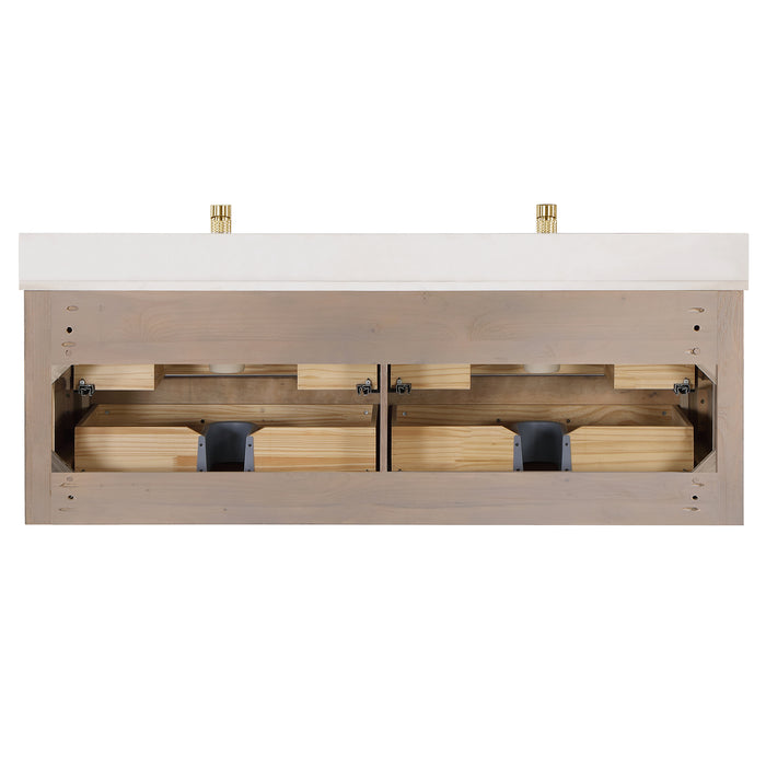 60-Inch Flora Double Sink Vanity – Wall-Mounted Oak Frame with Quartz Top & Sleek Modern Design with Mirror