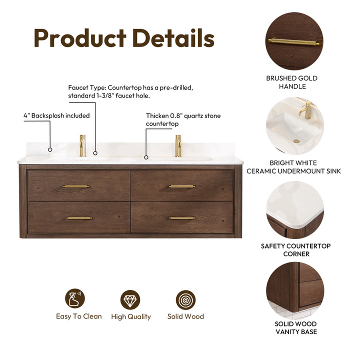 60-Inch Flora Double Sink Vanity – Wall-Mounted Oak Frame with Quartz Top & Sleek Modern Design with Mirror