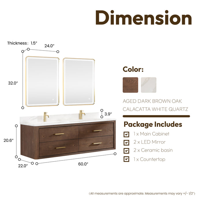 60-Inch Flora Double Sink Vanity – Wall-Mounted Oak Frame with Quartz Top & Sleek Modern Design with Mirror