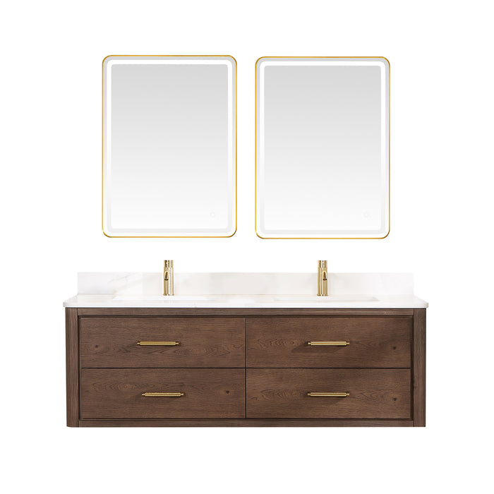 60-Inch Flora Double Sink Vanity – Wall-Mounted Oak Frame with Quartz Top & Sleek Modern Design with Mirror