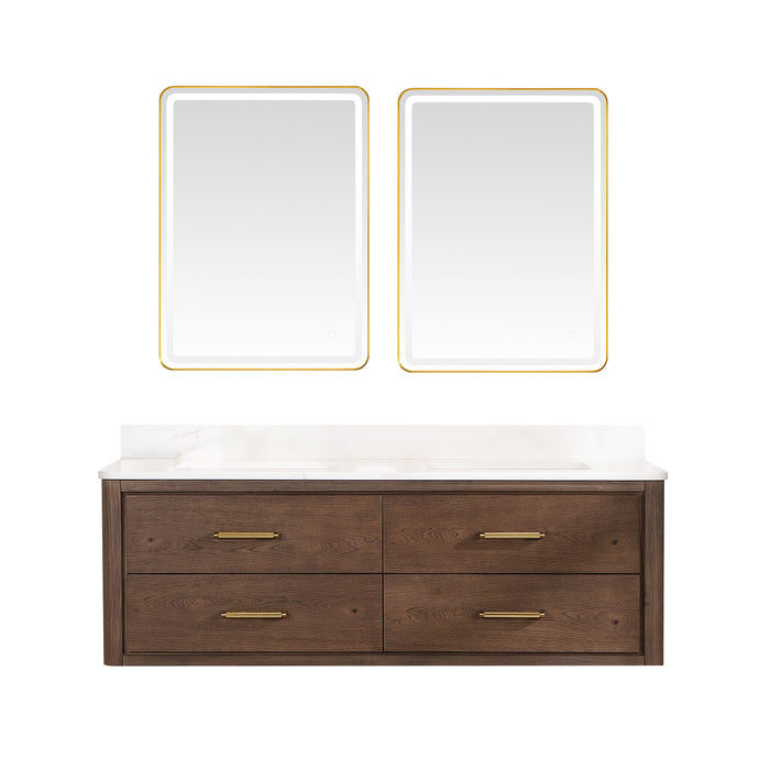 60-Inch Flora Double Sink Vanity – Wall-Mounted Oak Frame with Quartz Top & Sleek Modern Design with Mirror