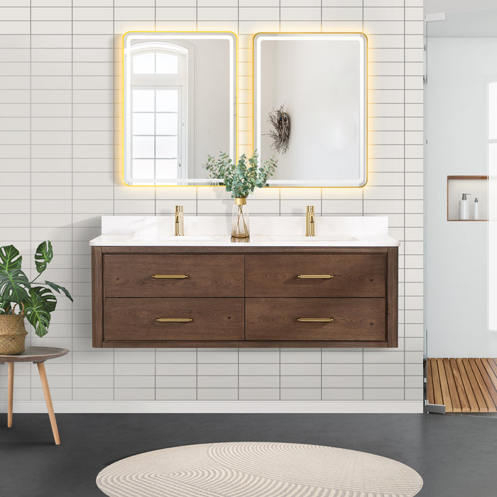 60-Inch Flora Double Sink Vanity – Wall-Mounted Oak Frame with Quartz Top & Sleek Modern Design with Mirror