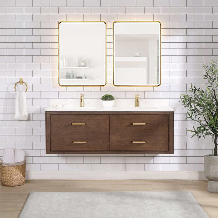 60-Inch Flora Double Sink Vanity – Wall-Mounted Oak Frame with Quartz Top & Sleek Modern Design with Mirror