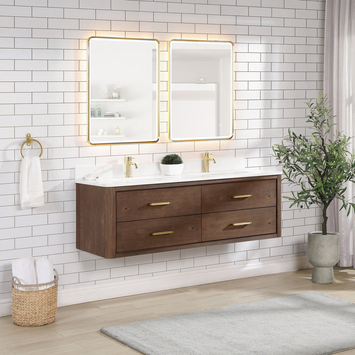 60-Inch Flora Double Sink Vanity – Wall-Mounted Oak Frame with Quartz Top & Sleek Modern Design with Mirror