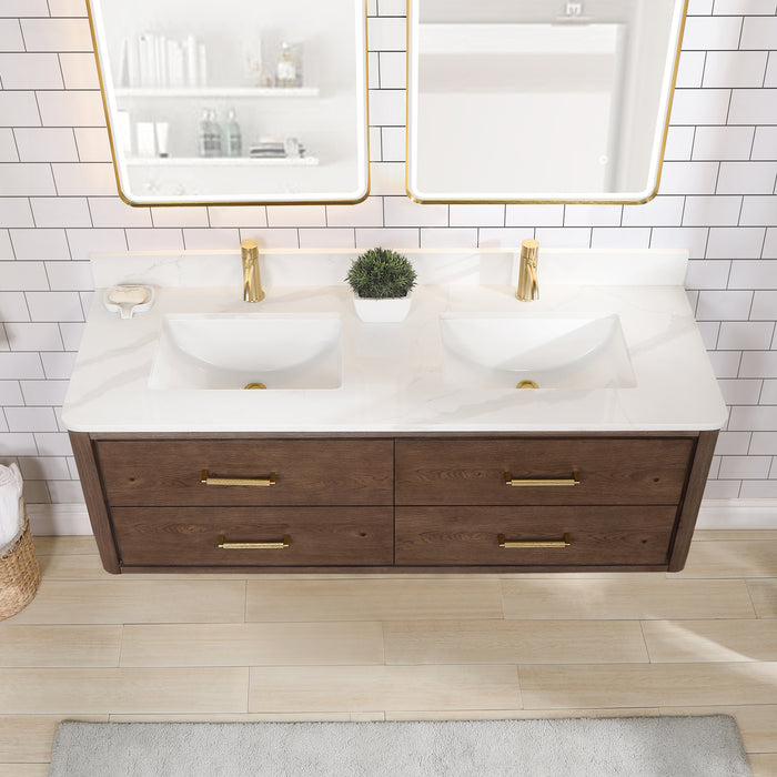 60-Inch Flora Double Sink Vanity – Wall-Mounted Oak Frame with Quartz Top & Sleek Modern Design with Mirror