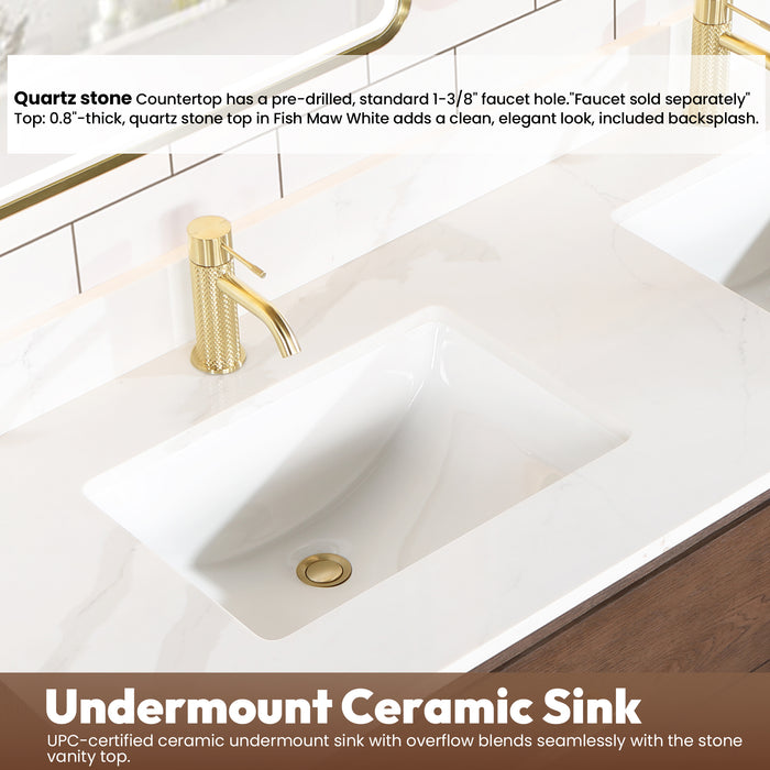 60-Inch Flora Double Sink Vanity – Wall-Mounted Oak Frame with Quartz Top & Sleek Modern Design with Mirror