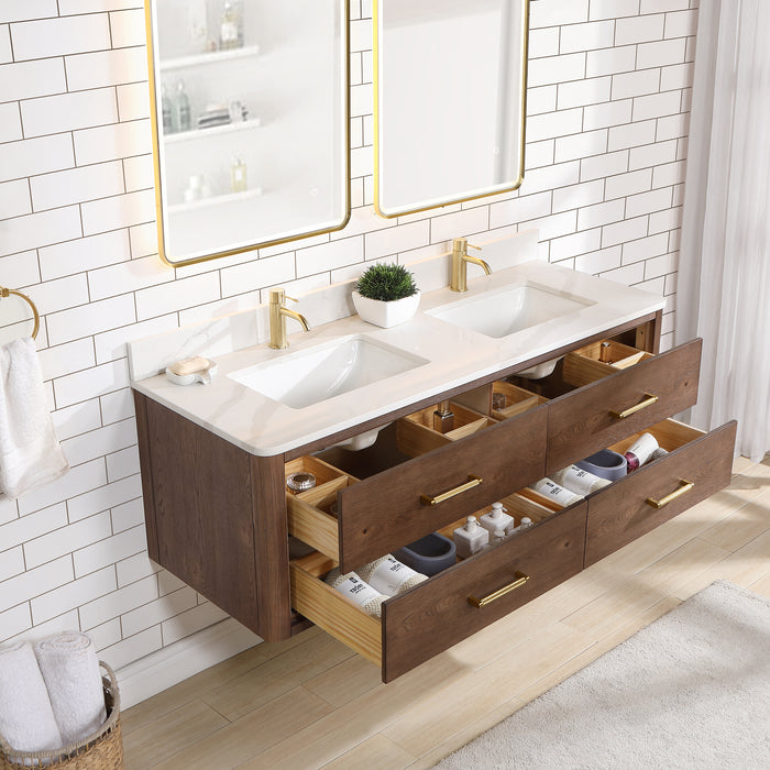 60-Inch Flora Double Sink Vanity – Wall-Mounted Oak Frame with Quartz Top & Sleek Modern Design with Mirror