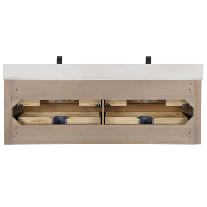 60-Inch Flair Vanity – Wall-Mounted Fir Wood Frame with Quartz Top & Dual Sink Bathroom Cabinet
