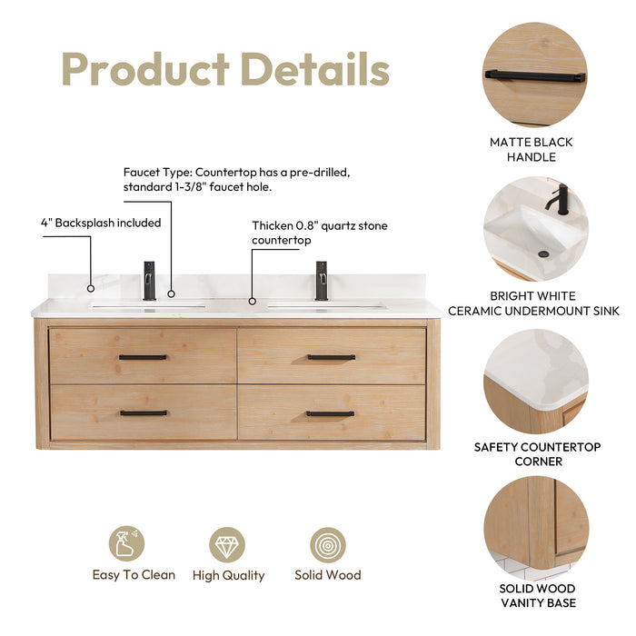 60-Inch Flair Vanity – Wall-Mounted Fir Wood Frame with Quartz Top & Dual Sink Bathroom Cabinet