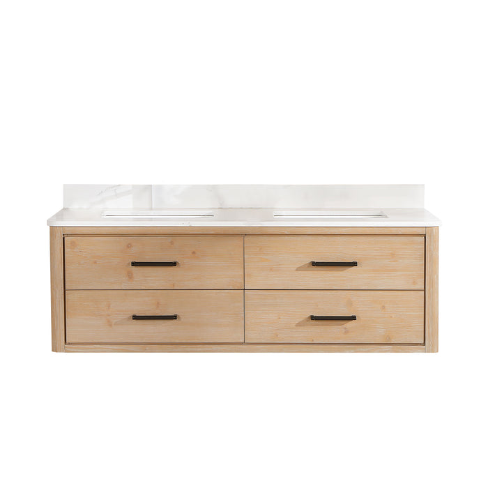60-Inch Flair Vanity – Wall-Mounted Fir Wood Frame with Quartz Top & Dual Sink Bathroom Cabinet