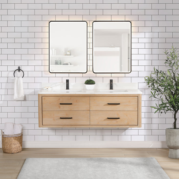 60-Inch Flair Vanity – Wall-Mounted Fir Wood Frame with Quartz Top & Dual Sink Bathroom Cabinet