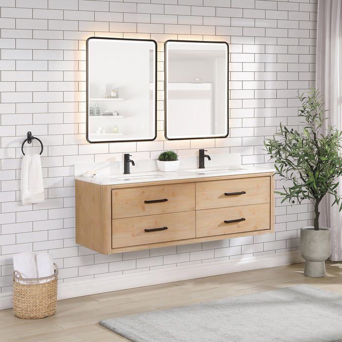 60-Inch Flair Vanity – Wall-Mounted Fir Wood Frame with Quartz Top & Dual Sink Bathroom Cabinet