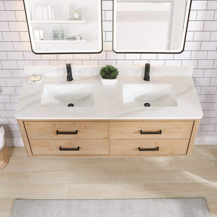 60-Inch Flair Vanity – Wall-Mounted Fir Wood Frame with Quartz Top & Dual Sink Bathroom Cabinet